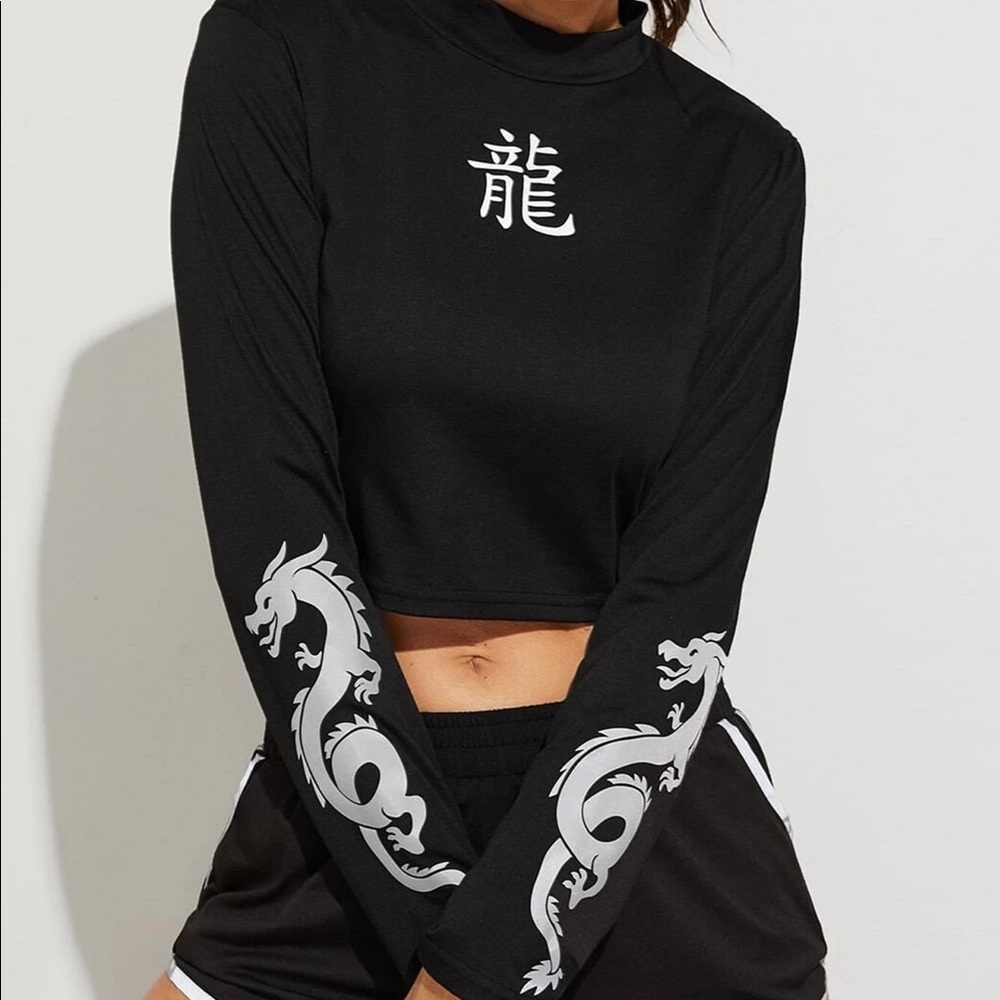Mock Neck Reflective Dragon Print Tee